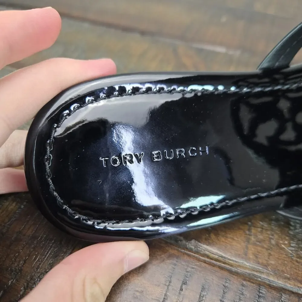 NEW Tory Burch Miller Patent Leather Womens Size 8 Logo Sandals Flip Flops Black